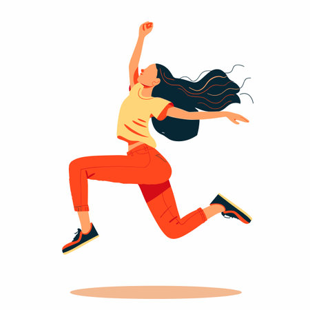 Young female jumping energetically, expressing freedom happiness, casual contemporary style, vibrant colors. Euphoric woman celebrating success victory, dynamic leap, flowing hair, vivid joyfulのイラスト素材