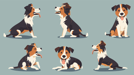 Six cartoon dogs displaying different poses expressions, dog stylized colors black, white, tan, resembling breed such Border Collie, background plain which highlights dogs various stances includingのイラスト素材