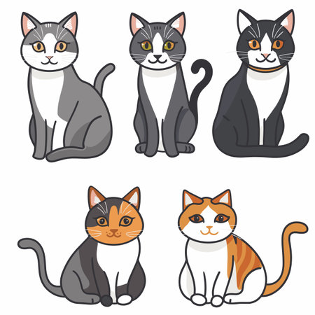 Six cartoon cats sit calmly, two rows three different colorations each. Top row cats grey fur while bottom row exhibits orange hues. Cute feline expressions, whiskers, circular eyes dominate theirのイラスト素材