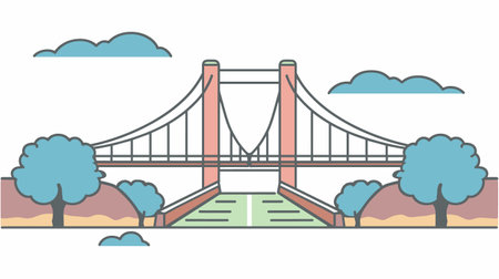 Suspension bridge spanning river, flanked trees, minimalist style. Pastel colored bridge illustration clear sky tranquil scene. Architectural landmark, symmetrical design calm nature settingのイラスト素材