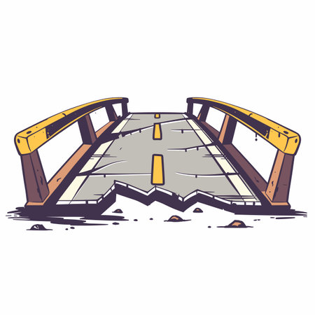 Broken cartoon bridge illustration, damaged wooden structure. Cracked roadway, cartoonish style, isolated white background. Destroyed bridge, crumbling pillars, yellow detailsのイラスト素材