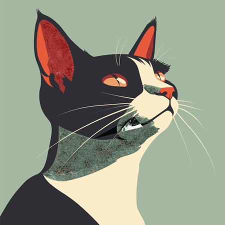 Black white tuxedo cat vector illustration. Alert feline striking orange eyes, prominent whiskers, textured fur. Artistic representation domestic animal, side profile view, green backdropのイラスト素材