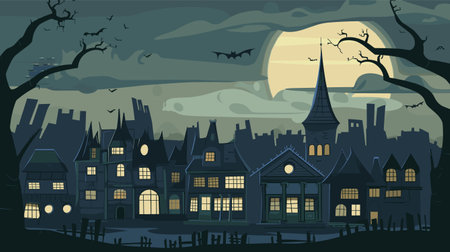 Spooky Gothic mansions under full moon dark sky. Creepy atmosphere prevalent silhouetted flying bats, barren trees. Halloween concept art haunted houses eerie night settingのイラスト素材