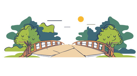 Whimsical cartoon illustration wooden bridge connecting two paths over river, set against backdrop green trees yellow sun. Cartoon style depiction sunny day park scene bridge spanning gapのイラスト素材