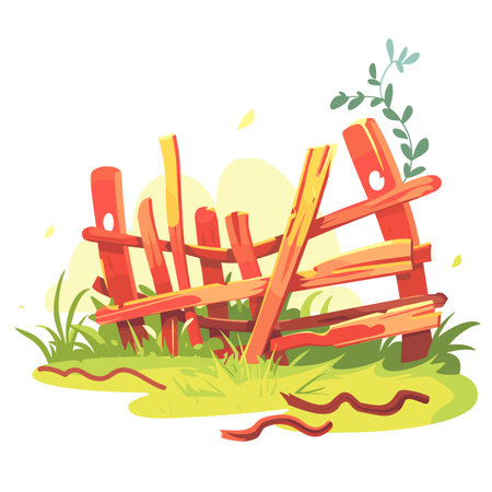 Broken wooden fence surrounded grass foliage. Vibrant colors, cartoon style, isolated white background. Conceptual representation neglected property farmland barrier damageのイラスト素材