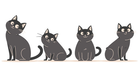 Four black white cartoon cats standing side side, looking viewer, cat has unique pose expression, cartoon style design. Simplistic cute animal graphic, ideal pet themed contentのイラスト素材