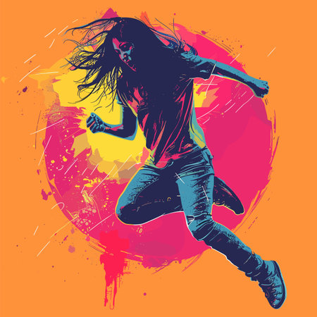 Energetic young woman dances against colorful abstract backdrop. Dynamic dance move youthful party theme graphic. Female dancer jumping colors fashion casual wear artistic backgroundのイラスト素材