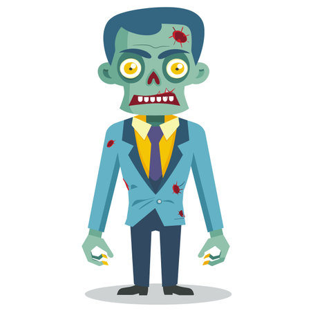 Zombie businessman cartoon illustration standing wearing suit tie looking undead. Cartoon zombie dressed business attire, green skin, bloody spots, ghoulish expression illustrated. Animated maleのイラスト素材