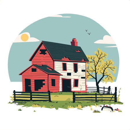 Red farmhouse surrounded nature, autumn season vibes leaves fall lone yellow tree. Rural setting, abandoned house looks dilapidated under clear sky, hint sunset. Vibrant red old house countrysideのイラスト素材