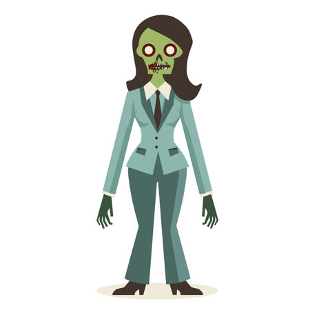 Zombie businesswoman standing, cartoon undead character suit. Female zombie professional attire, humorous horror illustration. Creepy fashionable lady, isolated white backgroundのイラスト素材
