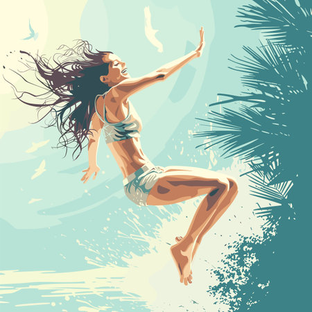 Young woman leaping into water near tropical palm trees, joy, freedom. Female enjoys summer, beach vacation, sunny sky, splash. Cheerful person jumping, carefree holiday, relaxation, blue, tanのイラスト素材