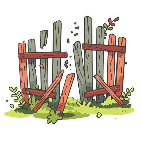Cartoon illustration broken wooden fence surrounded greenery. Wooden planks disrepair, leaning odd angles amidst grass leaves. Damaged garden barrier suggested needing repair, set against isolatedのイラスト素材