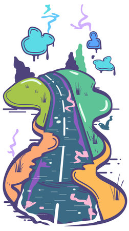 Abstract winding road illustration leading through colorful landscape. Surreal highway vibrant colors twists among whimsical trees brushes. Cartoon style road trip concept picturesque sceneryのイラスト素材