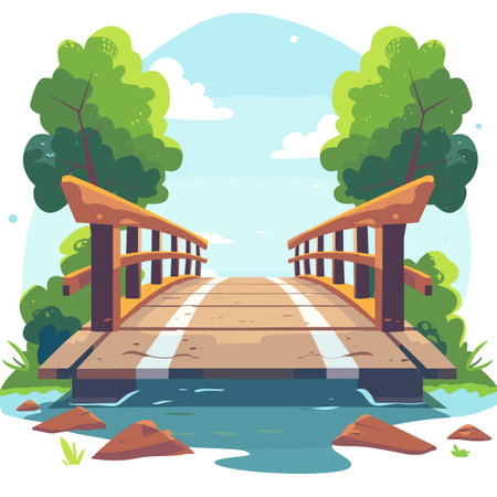 Wooden bridge over river cartoon vector illustration. Tranquil nature scene, river crossing, peaceful landscape, bright colors. Detailed illustration public park footbridge, serene outdoorのイラスト素材