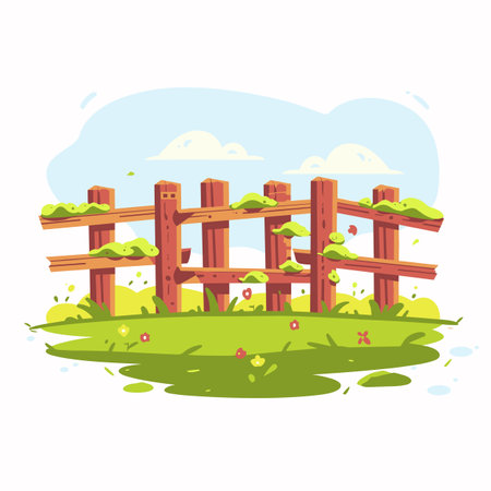 Broken wooden fence cartoon style illustration sunny day. Damaged wood fence field lush green grass flowers. Cartoon wooden barrier needing repair countryside scene spring summer settingのイラスト素材