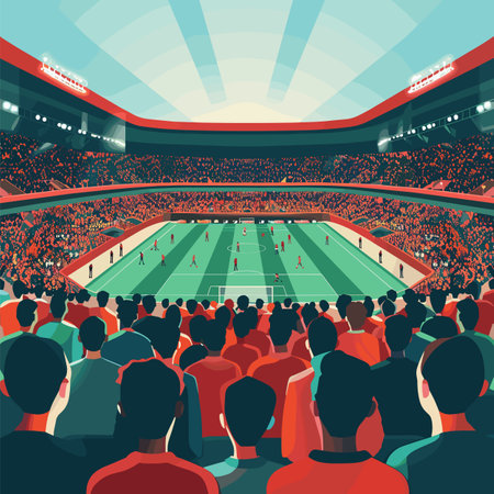 Crowded football stadium enthusiastic fans watching soccer match. Spectators red outfits gathered sporting event, enjoying game. Huge audience attentively observes soccer players competing greenのイラスト素材