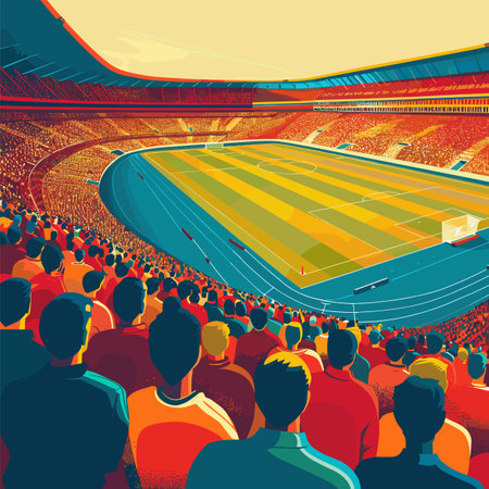 Crowd spectators vibrant soccer stadium enjoying live match. Colorful fans focused actionpacked football game. Stadium filled enthusiastic sports audience watching soccer eventのイラスト素材