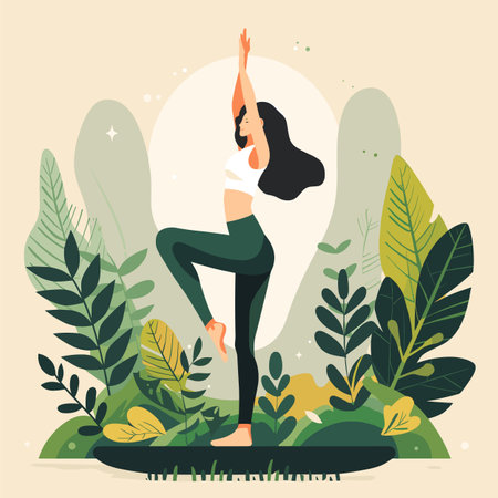 Woman practicing yoga nature surrounded foliage. Female tree pose, balancing one leg, arms up, peaceful serene expression. Yoga park, healthy lifestyle, green foliage, wellness conceptのイラスト素材