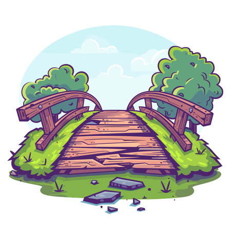Wooden bridge over stream tranquil nature setting. Cartoon style wooden bridge sturdy handrails lush green hill. Broken stepping stones lie beside picturesque arch bridgeのイラスト素材