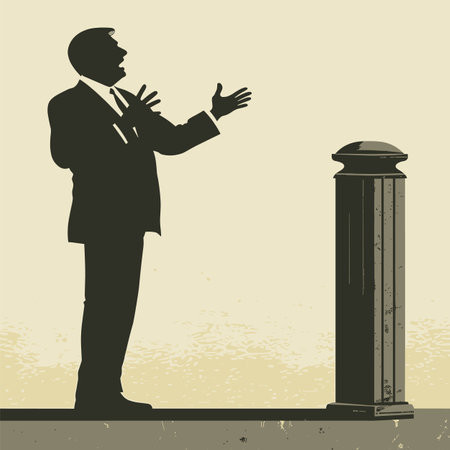 Silhouette man speaking passionately beside podium. Male speaker gesturing during presentation. Political figure making speech eventのイラスト素材