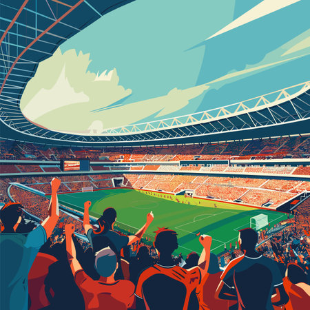Crowd cheering soccer match stadium. Fans raising fists excitement during football game. Large football stadium filled spectatorsのイラスト素材