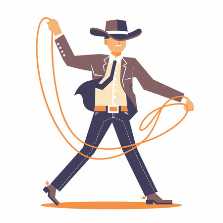 Cowboy swings lasso, ready catch something, dressed traditional western attire. Male cowboy swinging rope, wearing hat, boots, jean pants. Vector illustration action, wearing vest star spursのイラスト素材