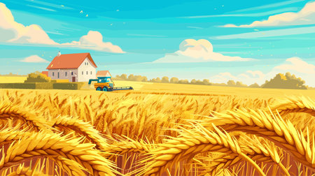 Harvester machine harvesting wheat fields near under blue sky, ripe cereal crop agricultural landscape. Golden wheat field ready harvest, machinery, rural, summer seasonのイラスト素材