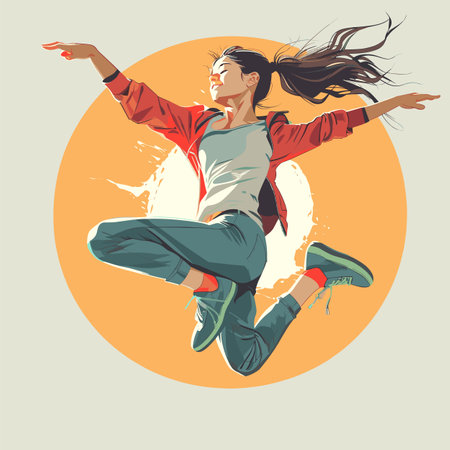 Young woman dancing energetically against orange circle backdrop, hair flowing, dynamic pose, modern street fashion. Female dancer showcases hiphop move, casual attire, vibrant dance illustrationのイラスト素材