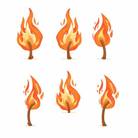 Six stylized cartoon flames engulf trees, vibrant illustration, fiery forest blaze concept. Cartoon wildfires, conceptual danger environmental crisis, inferno consuming wood elements. Fiery orangeのイラスト素材