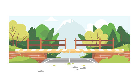 Wooden bridge over road scenic landscape, mountains background, trees, nature walk. Cartoon style countryside bridge, nature park path, outdoor adventure graphic. Flat design rural bridge crossingのイラスト素材