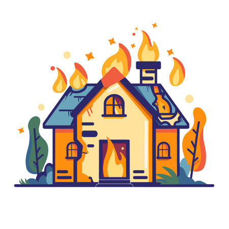 Brightly colored house engulfed flames, vector illustration burning building. Cartoonstyle fire consuming residential home, emergency disaster depicted. Safety hazard, urgent response needed houseのイラスト素材