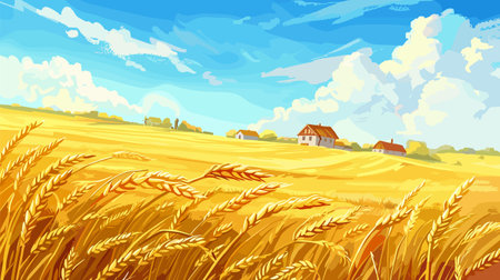Golden wheat field ripe harvest, farming landscape under blue sky fluffy clouds. Countryside scene, rural farmland farmhouses, sunny day, agriculture concept illustration. Vibrant colors, summerのイラスト素材