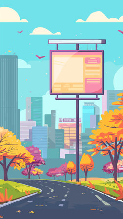 Empty billboard advertisement urban park setting skyscrapers. Clear sky, autumn trees winding road, cartoon style. Blank advertising board ready branding, cityscape backdropのイラスト素材