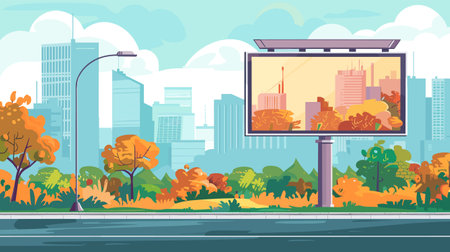 Billboard displaying cityscape stands park, autumn colors blending urban environment. Skyline trees complement harmonious outdoor setting. City park meets urban jungle through colorful artisticのイラスト素材