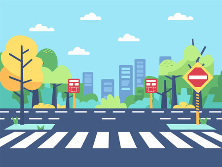 Cartoon cityscape vector illustration, zebra crossing traffic lights warning sign. Bright sunny day urban scene, pedestrian crossing city environment. Vibrant cartoon style city street, treesのイラスト素材
