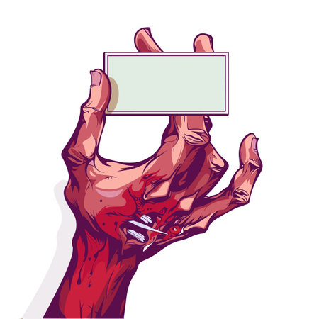 Zombie hands holding blank sign, undead creature presenting empty banner. Illustration bloody zombie arms sign, horror Halloween concept. Cartoon gore monster hands lifting placardのイラスト素材