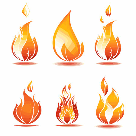 Six different stylized fire flame icons set against isolated white background, graphic design elements shades orange red. Vector illustrations flames suitable logos, symbols, elemental designのイラスト素材