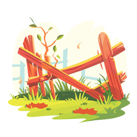 Broken wooden fence grassy ground, sapling growing beside it, sunny day background. Cartoon style damaged fence, concept nature resilience neglect. Colorful illustration garden fencing disrepairのイラスト素材