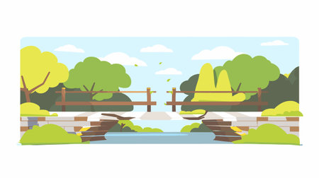 Sunny park scene wooden bridge over stream, trees shrubs under blue sky. Cartoon style park landscape, peaceful nature background, bridge crossing water. Vector illustration outdoor park, tranquilのイラスト素材