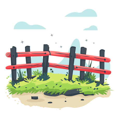 Cartoon wooden fence painted red standing green grass next sandy path. Fence has uneven planks taller others shorter cartoonish style. Background suggests outdoor rural farmland setting blue sky fewのイラスト素材
