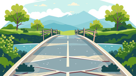 Scenic vector illustration countryside road leading mountains, lush greenery clear blue skies. Cartoonstyle drawing showing bridge over river, green trees, road intersection. Flat design landscapeのイラスト素材