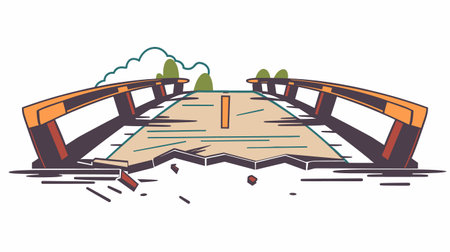 Wooden bridge broken damaged cartoon. Damaged infrastructure, destruction, unsafe crossing. Artwork conceptual nature disaster, accident, neglectのイラスト素材