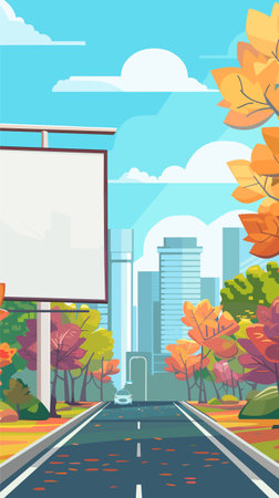 Billboard empty beside autumn road cityscape view. Fall foliage urban street leading downtown skyscrapers. Autumnal city park advertisement board, vector cartoon illustrationのイラスト素材