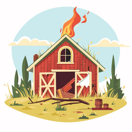 Red barn burning fire flames rural farm disaster danger. Abandoned flaming wooden structure outdoors emergency countryside. Eerie empty window cat watching barnfire hazard illustrationのイラスト素材
