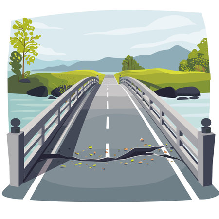 Vector illustration bridge crack over river, surrounded nature. Clear skies, greenery, autumn leaves suggest calm landscape except damaged bridge. No vehicles people, highlighting solitude potentialのイラスト素材
