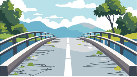 Cracked road leading broken bridge, structural failure, dangerous route. Collapse aftermath, impassable barrier, nature background, blue skies. Road damage concept, disaster scene artwork, vectorのイラスト素材
