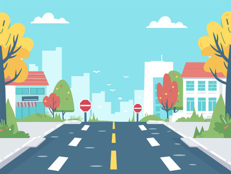 Descriptive scenario suburban street heading towards city center, clear skies autumn trees. Cartoon illustration suburban road, fall season, skyline background, houses, stop sign. Vibrant colorsのイラスト素材