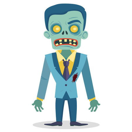 Cartoon zombie businessman wearing suit isolated white background. Male undead character formal wear, blue jacket, yellow tie, looking scary. Animated zombie green skin, stitches, wide eyes, yellowのイラスト素材