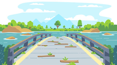 Wooden bridge crossing river, lush trees, tranquil scenery, mountain, peaceful environment, vivid colors, graphic art style. Flat design landscape, green foliage, outdoor adventure, river crossingのイラスト素材