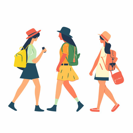 Three young women stroll outdoors carrying backpacks, wearing summer hats, shorts. Trio youthful females casually chatting, relaxed atmosphere, colorful attire, diverse clothing styles. Artのイラスト素材